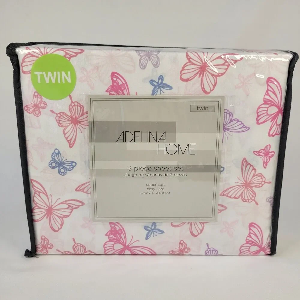 Pink Purple Blue White Butterflies 3 pc Twin Sheets Set Girls Butterfly Spring